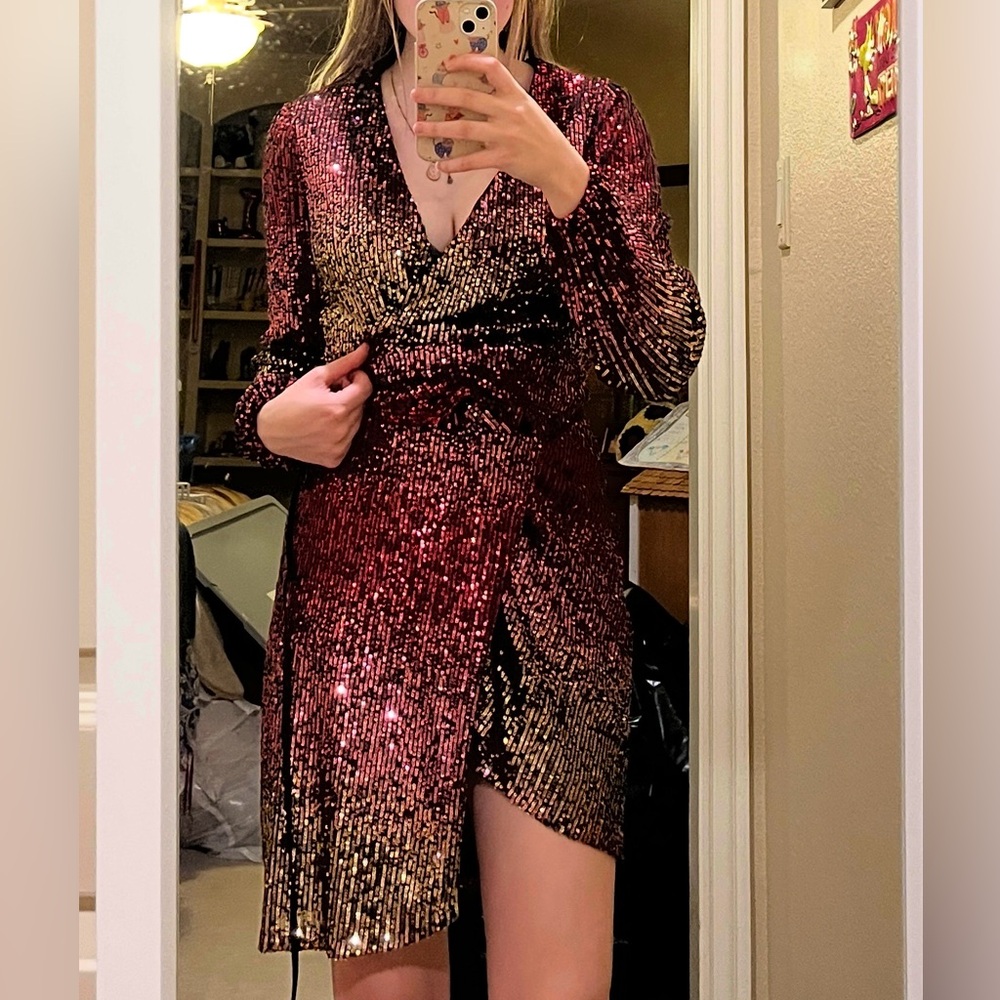 Elegant Sequin Wrap Dress - Black and Gold